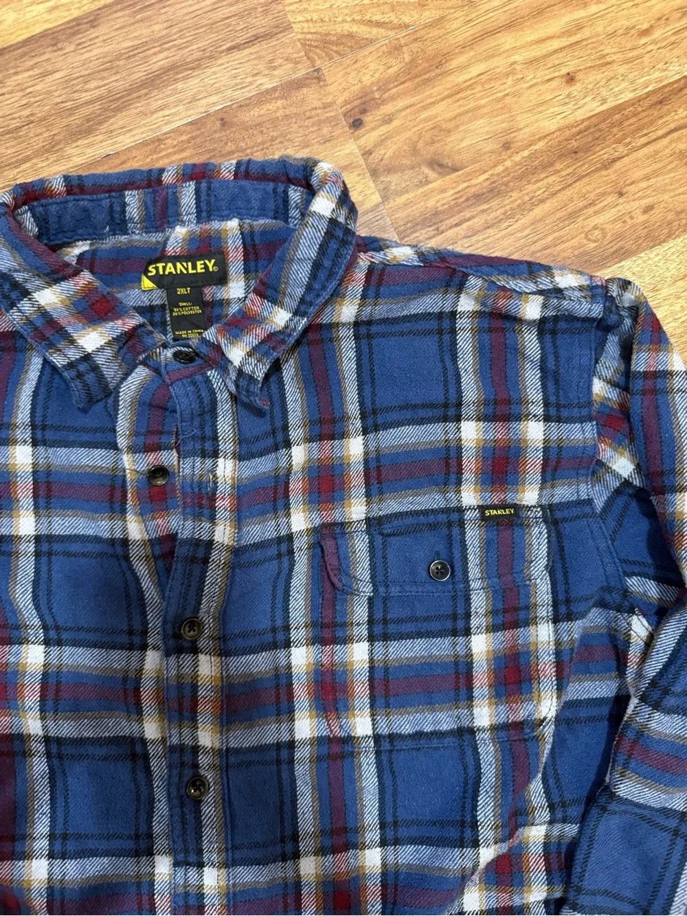 Stanley Blue Plaid Button-Down Shirt with Red and White Accents